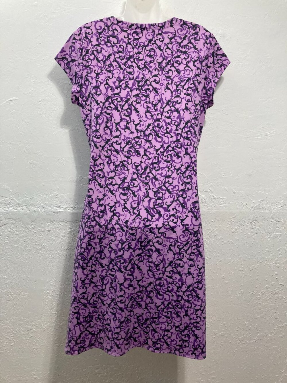 Athleta Nectar Faux Wrap Dress Purple Vine Scroll Paisley V-Neck Ruched L? - Picture 2 of 11
